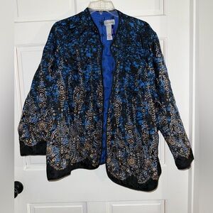 Catherines Blue, Black & Gold Patterned Open Front Long Sleeve Reversible Jacket